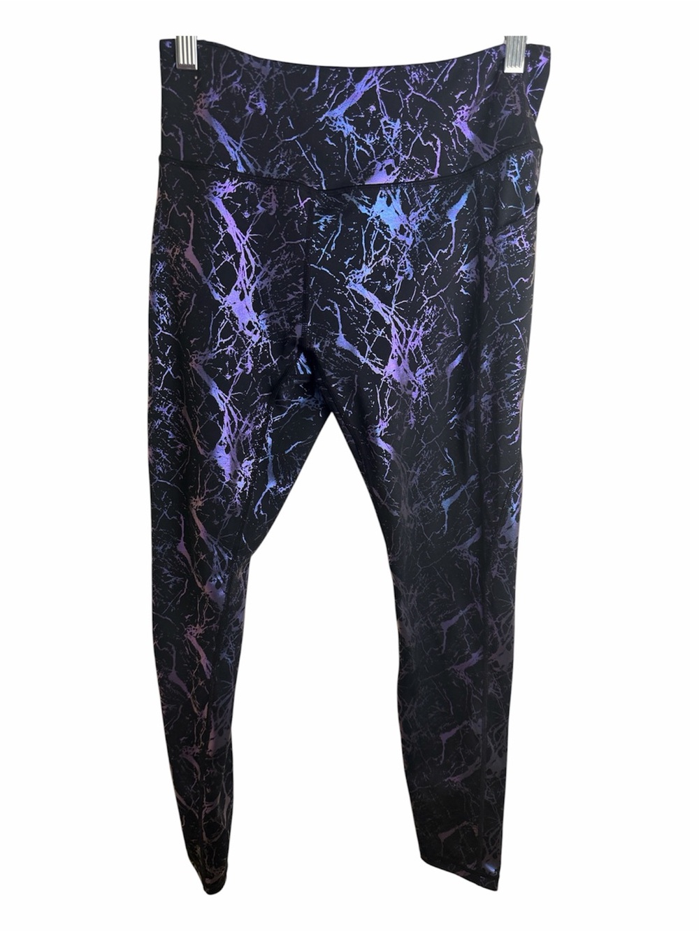 (2190) Combat N Curves Black Leggings with Purple & Blue Marble Design, Large